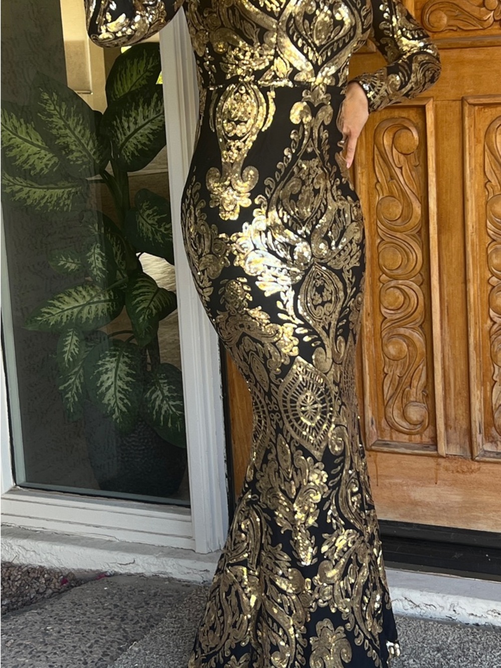 SHEIN Black Sequin Mermaid Dress with Gold Embroidery